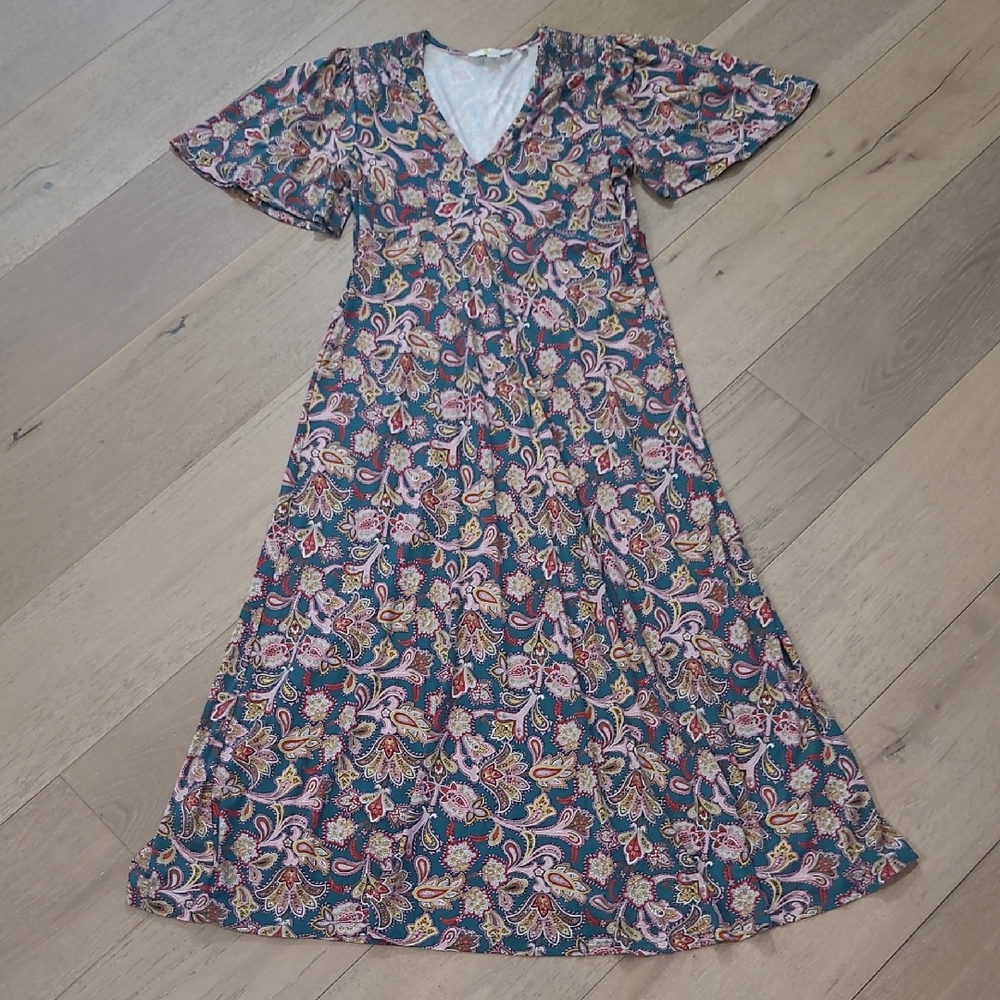 Boden Long Sleeve Paisley Maxi Dress in Teal, Pink, Mustard